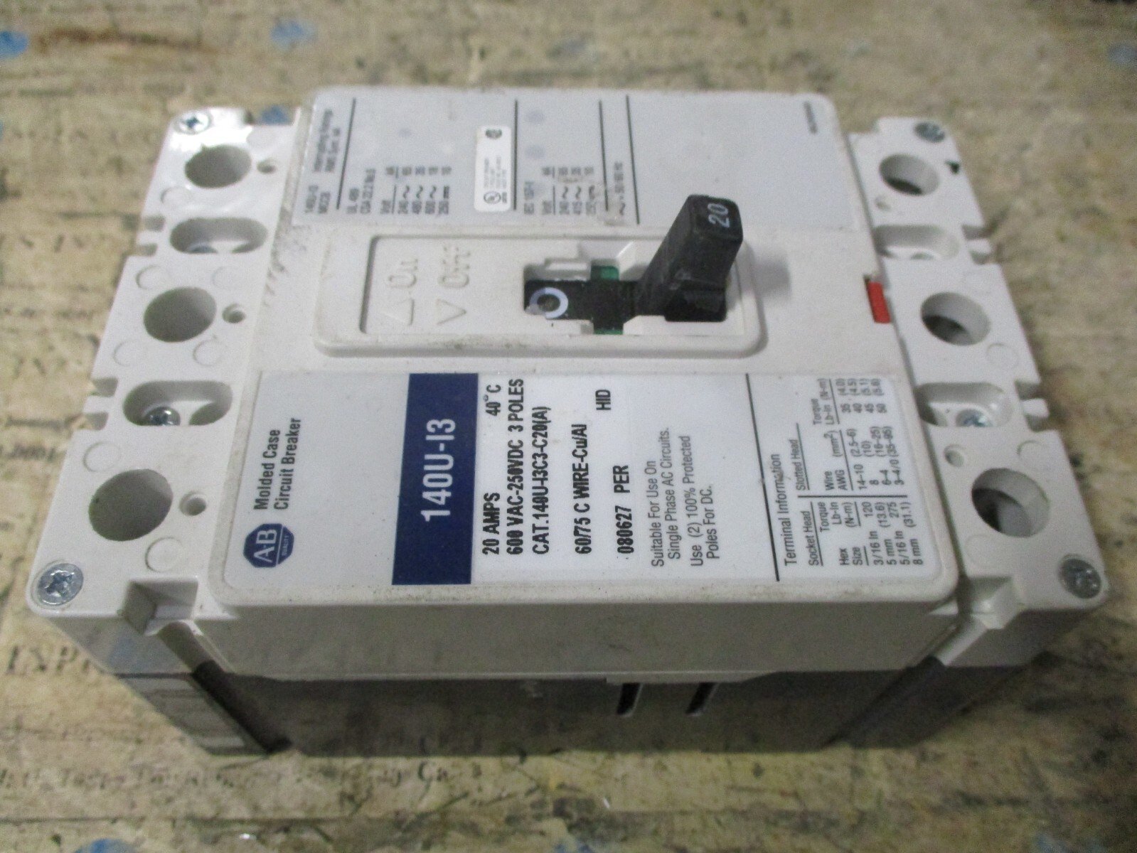 Allen-Bradley-140U-I3C3-C20A-Molded-Case-Circuit-Breaker-140U-I3-20A-Tested-167359765391 Allen Bradley 140U-I3C3-C20(A) Molded Case Circuit Breaker 140U-I3 20A *Tested* - Image 1