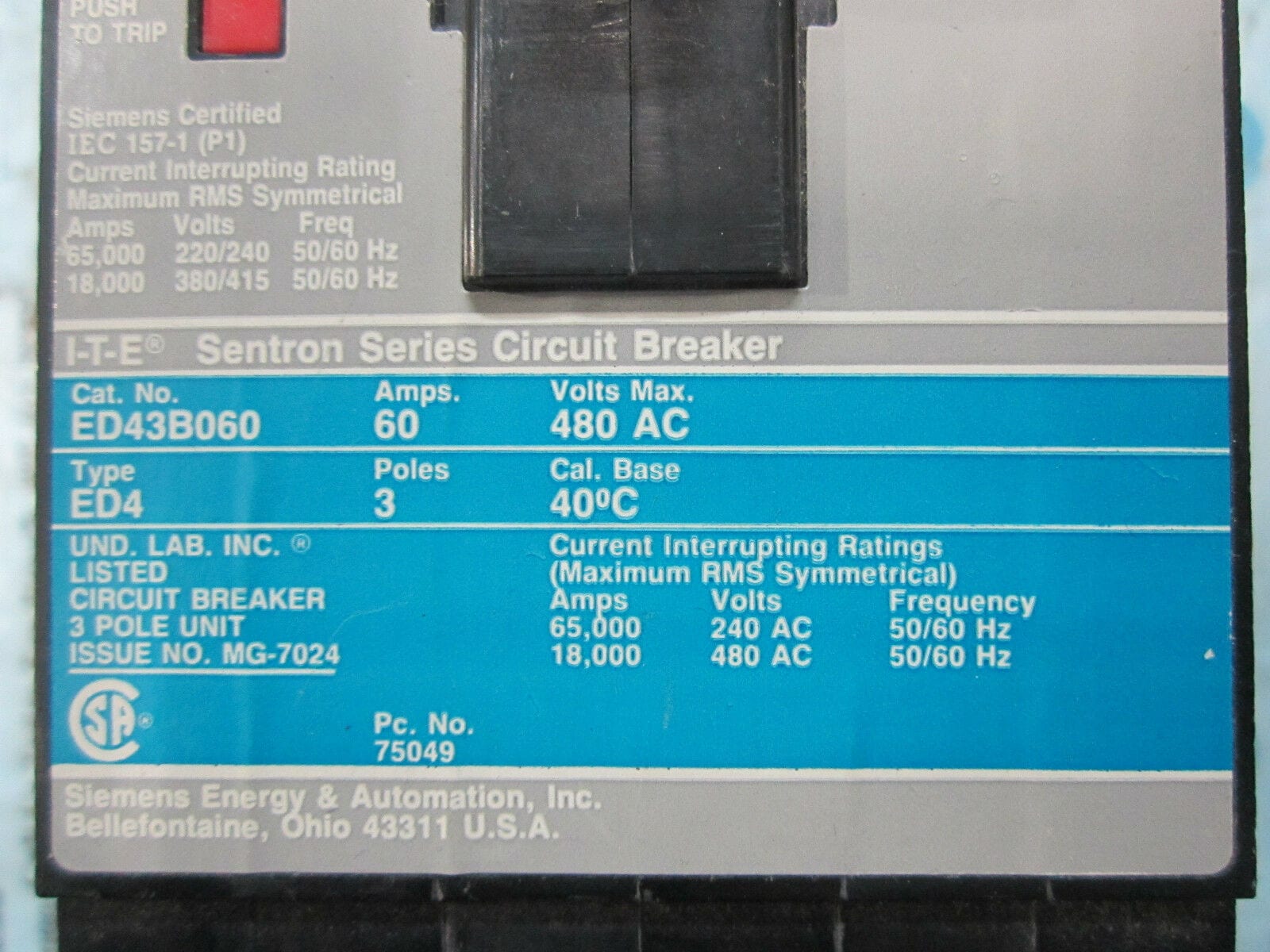 New Siemens HED43B060 Sentron HED Circuit Breaker 3 Pole 60A 480V 42kA